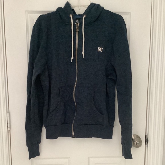 DC Blue Heather w/ White Contrast Zipper Drawstring Hoodie L RARE PRE-OWNED - Picture 1 of 15